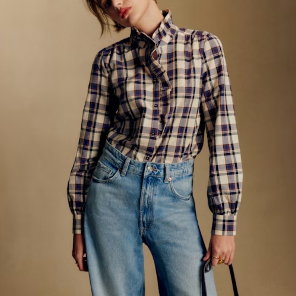 Sezane Plaid Ruffle-Collar Blouse in Navy and Cream